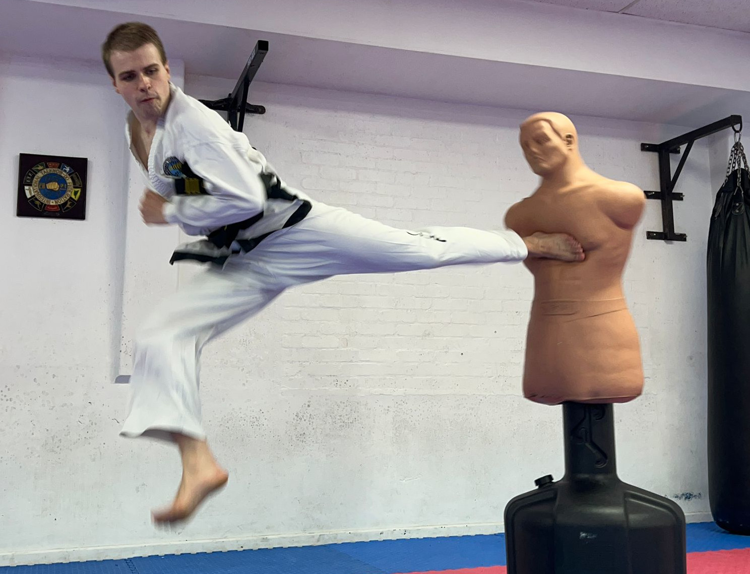 Flying Back Kick Daniel Beard performing a flying back kick to a stationary target.